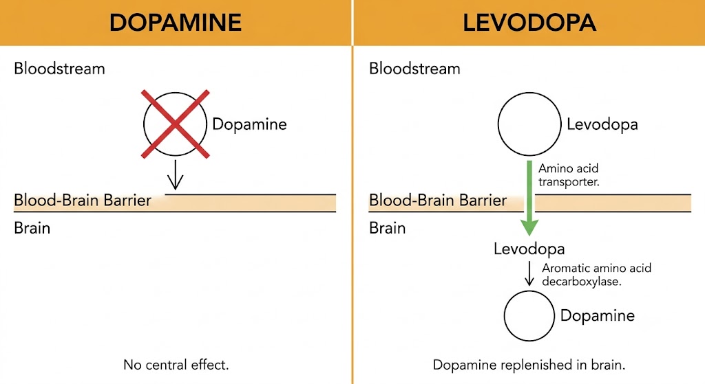 Two-panel diagram showing dopamine blocked at the blood-brain barrier on the left, and levodopa crossing via amino acid transporter and converting to dopamine inside the brain on the right.
