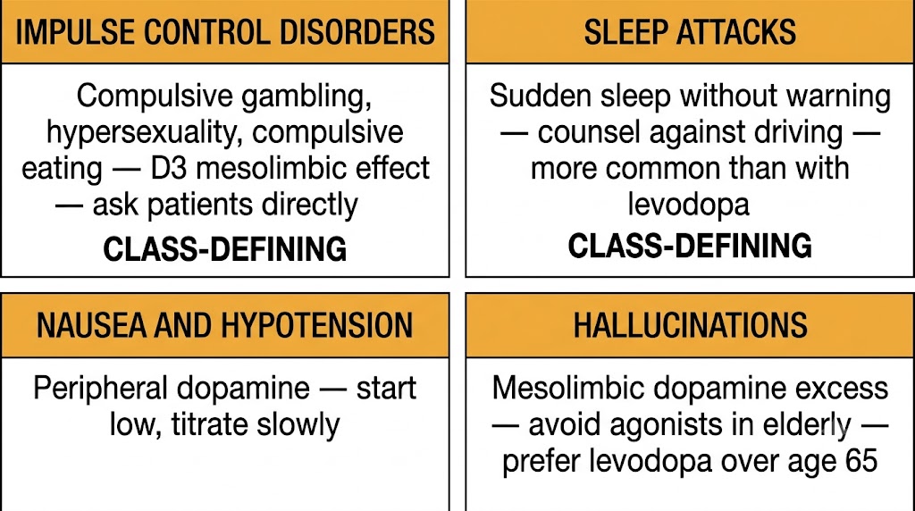 Four-panel grid showing class-wide adverse effects of dopamine agonists: impulse control disorders and sleep attacks labeled class-defining in the top row, nausea and hypotension and hallucinations in the bottom row.