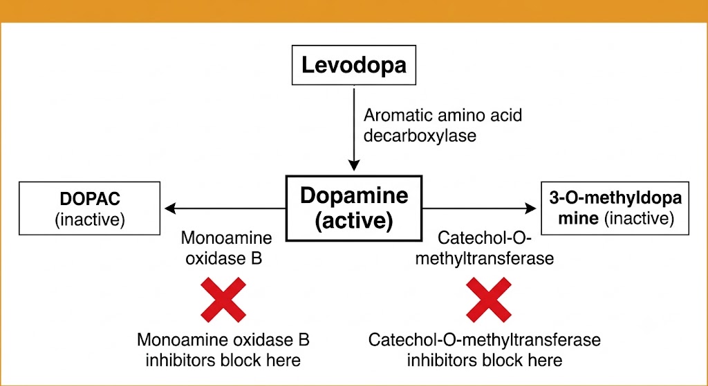 Flow diagram showing levodopa converting to dopamine, then branching to two inactive metabolites via monoamine oxidase B on the left and catechol-O-methyltransferase on the right, each with a red X marking where the respective inhibitors block degradation.