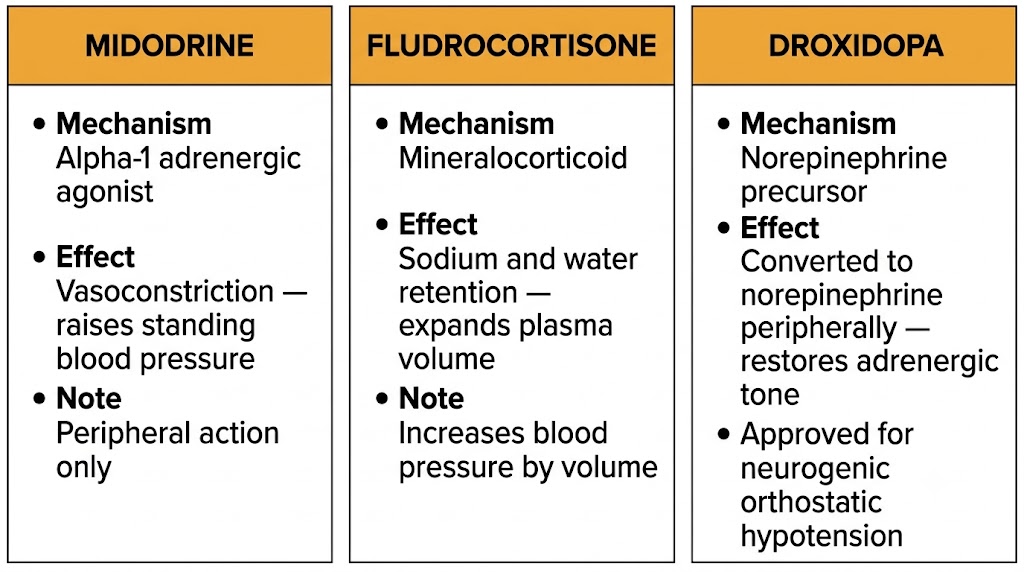 Three-panel diagram comparing midodrine, fludrocortisone, and droxidopa for orthostatic hypotension in Parkinson's disease, showing mechanism, effect, and key note for each drug.