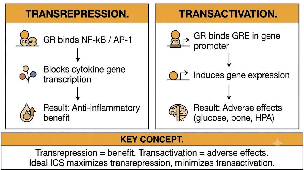 Two-panel diagram of glucocorticoid receptor mechanisms: left panel shows transrepression where GR binds NF-kB and AP-1 to block cytokine gene transcription producing anti-inflammatory benefit; right panel shows transactivation where GR binds GRE in gene promoter to induce gene expression producing adverse effects including glucose changes, bone loss, and HPA suppression. Shared key concept box states transrepression equals benefit and transactivation equals adverse effects.