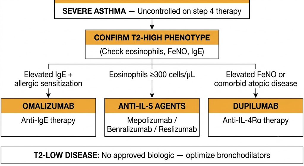 Decision flowchart for biologic selection in severe asthma showing three branches from confirmed T2-high phenotype: elevated IgE plus allergic sensitization leads to omalizumab, eosinophils 300 or more leads to anti-IL-5 agents including mepolizumab, benralizumab, and reslizumab, and elevated FeNO or comorbid atopic disease leads to dupilumab. A shared footer box states T2-low disease has no approved biologic and should be managed with optimized bronchodilators.
