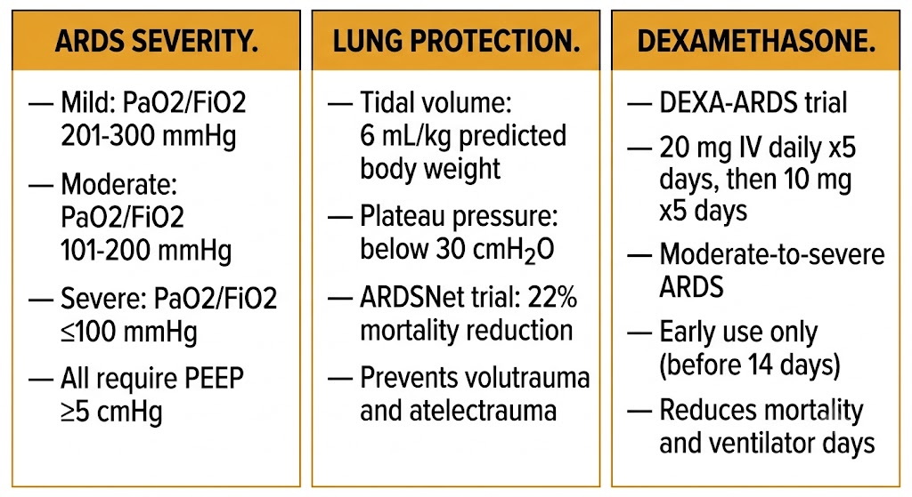 Three-panel ARDS summary: left panel shows Berlin severity thresholds by PaO2/FiO2 ratio (mild 201-300, moderate 101-200, severe 100 or below, all with PEEP at least 5 cmH2O); center panel shows ARDSNet lung-protective ventilation with tidal volume 6 mL/kg predicted body weight and plateau pressure below 30 cmH2O achieving 22 percent mortality reduction; right panel shows dexamethasone DEXA-ARDS protocol with 20 mg IV daily times 5 days then 10 mg times 5 days for moderate-to-severe ARDS before 14 days.