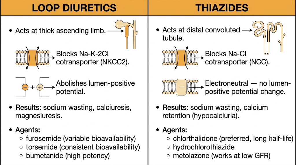 Two-panel diagram comparing loop diuretic and thiazide mechanisms of action