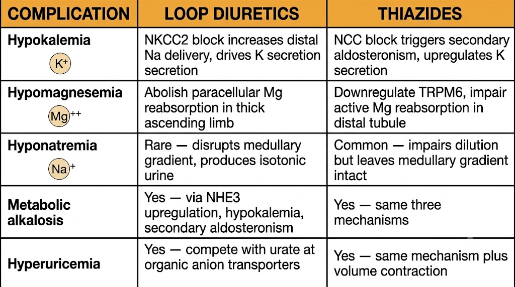 Table comparing electrolyte complications of loop diuretics and thiazides