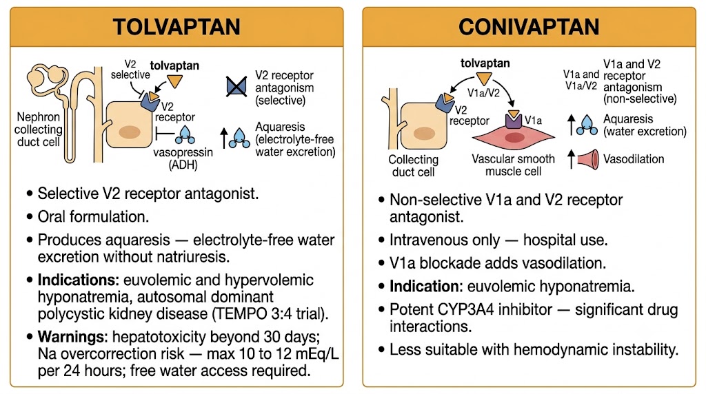 Two-panel diagram comparing tolvaptan and conivaptan