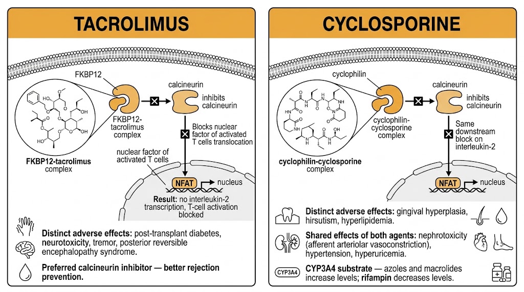 Two-panel diagram comparing tacrolimus and cyclosporine mechanisms and adverse effects