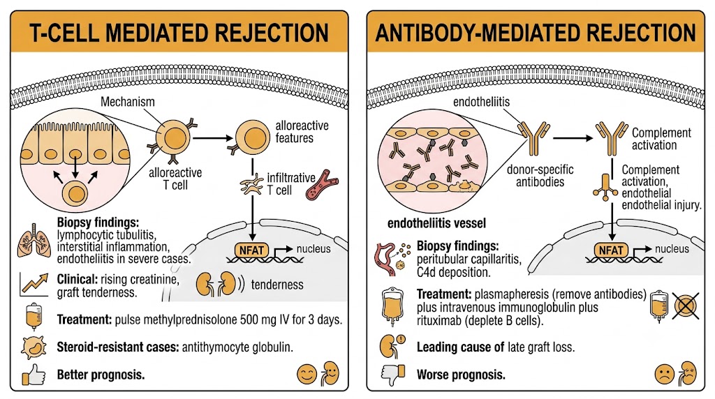 Two-panel diagram comparing T-cell mediated and antibody-mediated rejection mechanisms and treatment