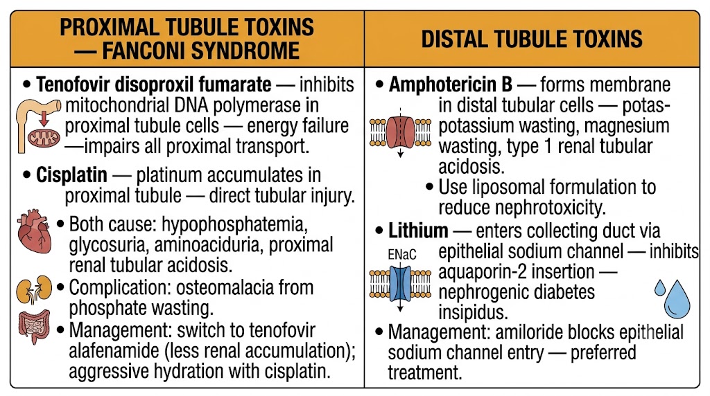 Two-panel diagram comparing proximal and distal tubule drug toxins and their electrolyte consequences