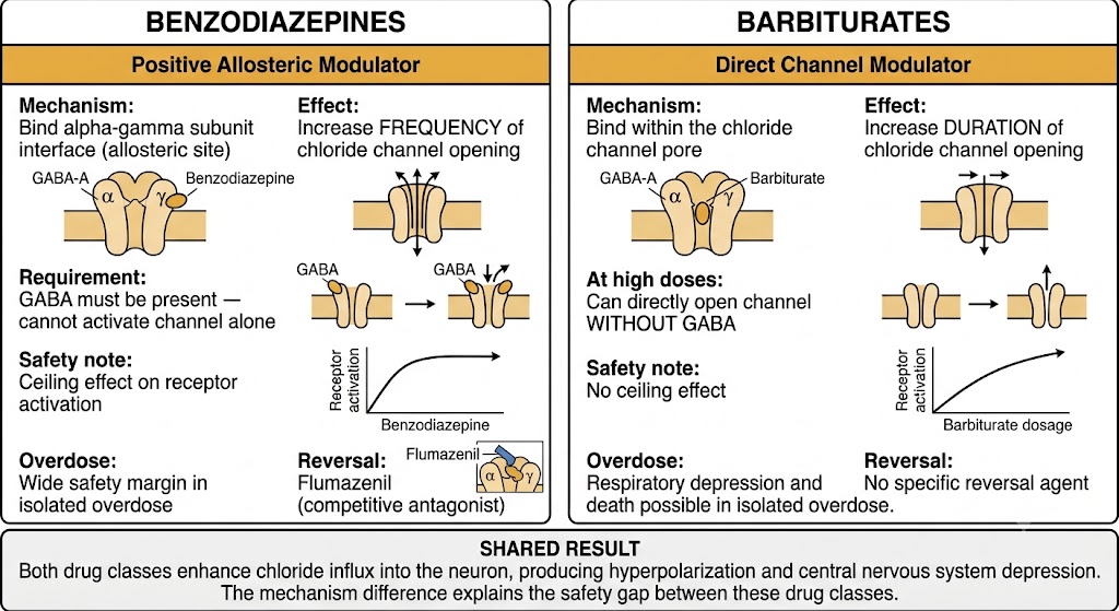 Two-panel diagram comparing benzodiazepine and barbiturate mechanisms at the GABA-A receptor chloride channel.