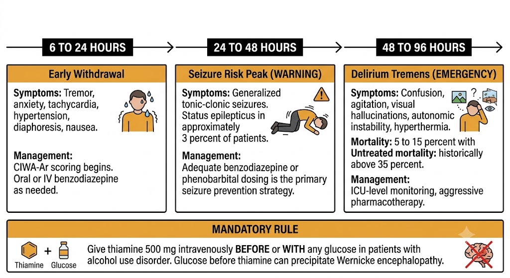 Timeline diagram showing the clinical progression of alcohol withdrawal syndrome from 6 hours to 96 hours after cessation.