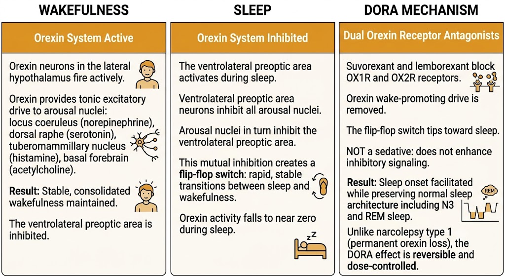 Three-panel diagram showing the orexin flip-flop switch between wakefulness and sleep, and how dual orexin receptor antagonists act on it.