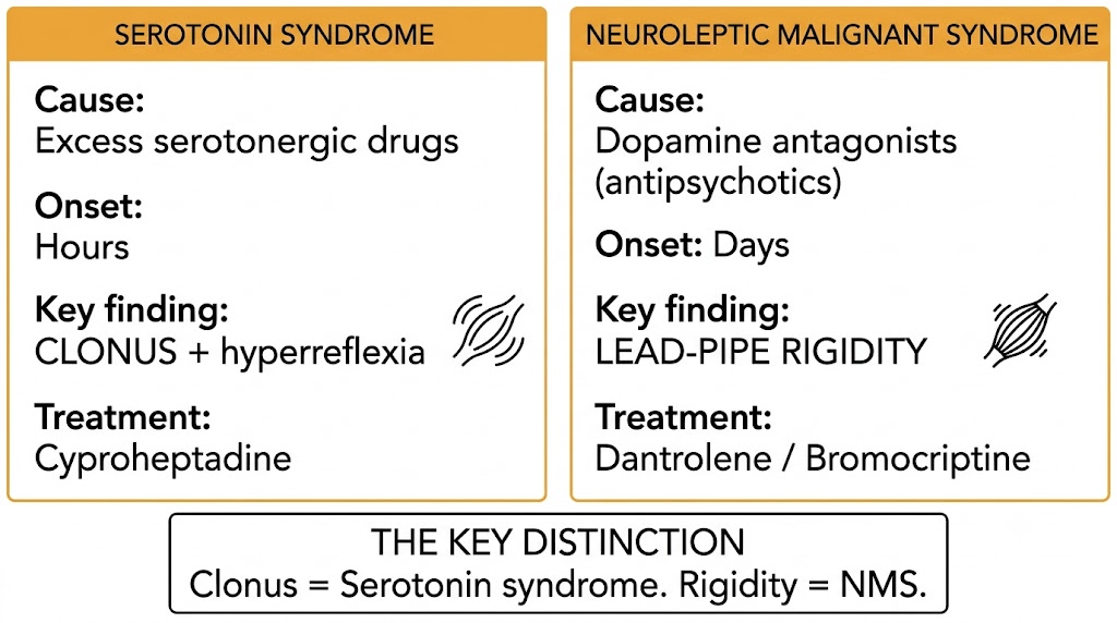 Two-panel comparison of serotonin syndrome versus neuroleptic malignant syndrome showing cause, onset, key neuromuscular finding, and treatment for each condition.