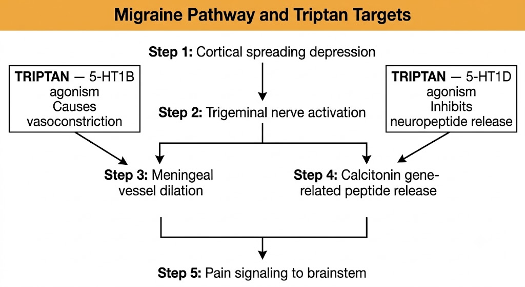 Flow diagram showing the migraine pain pathway from cortical spreading depression through trigeminal activation to meningeal vessel dilation and calcitonin gene-related peptide release, with triptan action at 5-HT1B and 5-HT1D targets annotated.