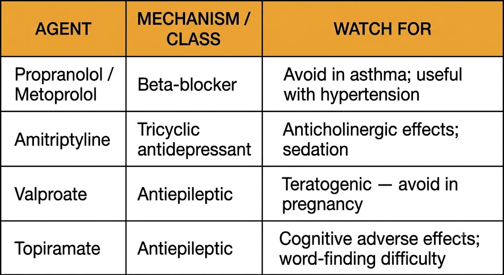 Reference table comparing four first-line migraine prophylaxis agents — propranolol/metoprolol, amitriptyline, valproate, and topiramate — by drug class and key watch-for properties.