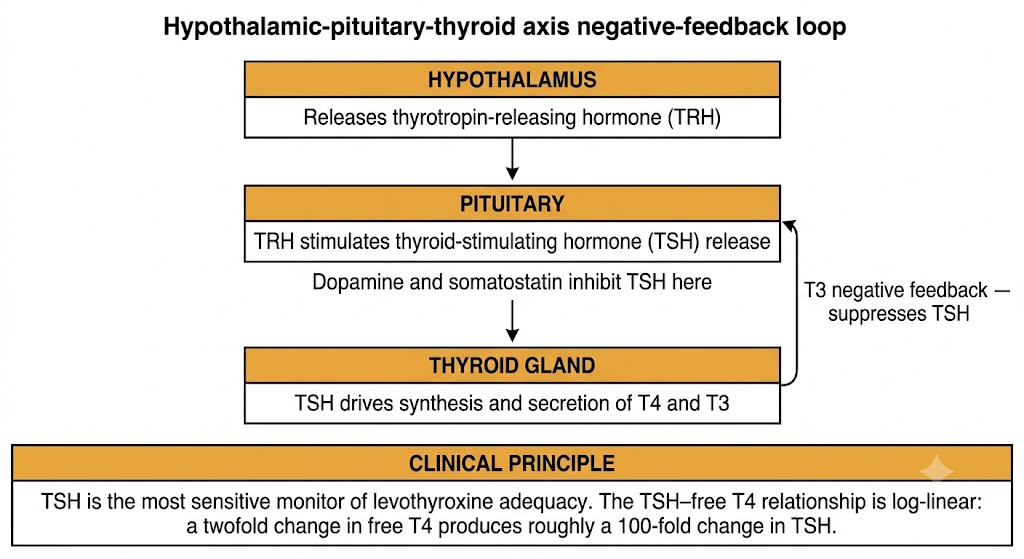 Hypothalamic-pituitary-thyroid axis feedback loop showing TRH, TSH, and T3 negative feedback
