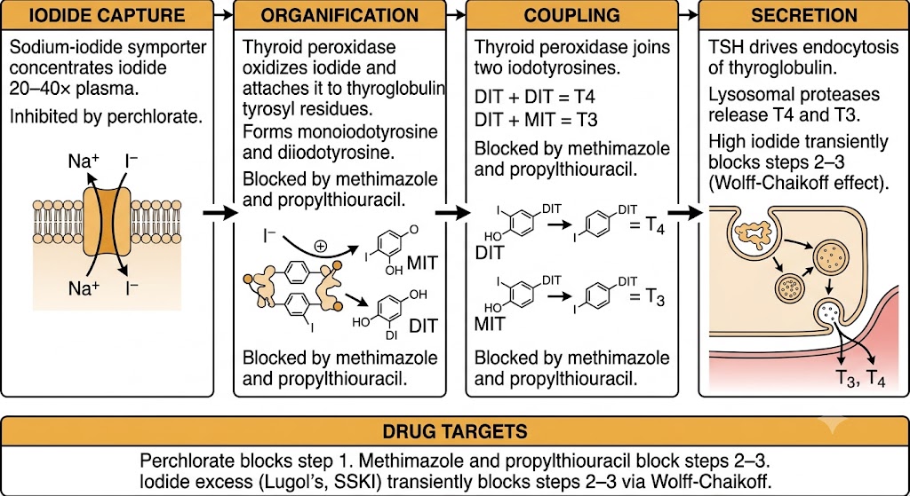Four-step thyroid hormone biosynthesis pathway showing drug targets at each step