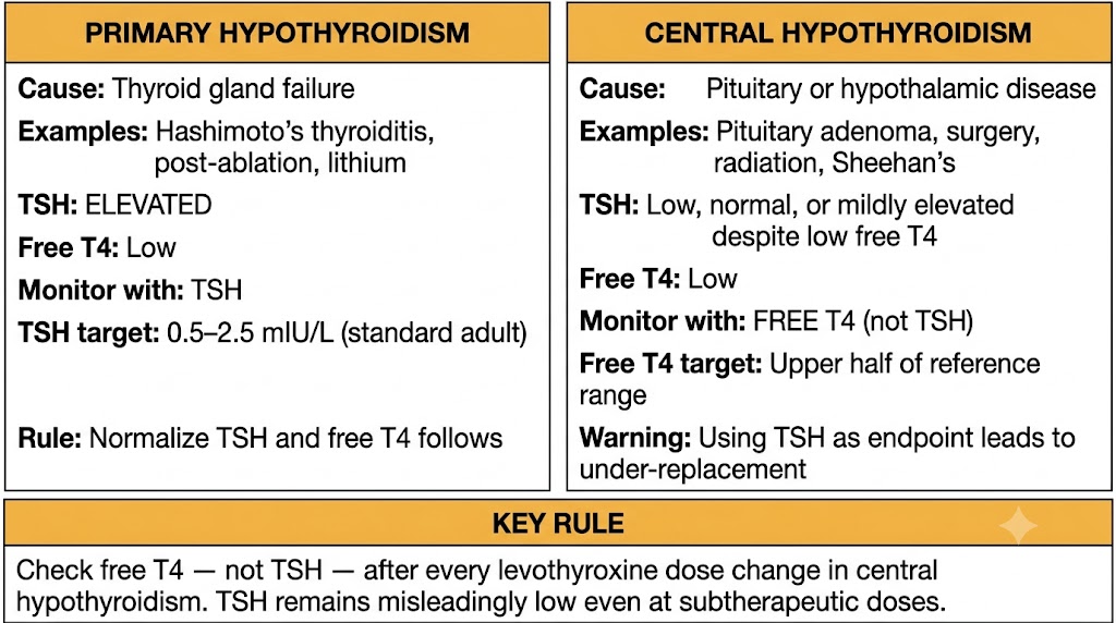 Two-panel comparison of primary versus central hypothyroidism showing TSH pattern and monitoring endpoint