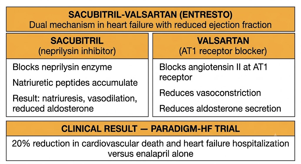 Mechanism diagram of sacubitril-valsartan showing two components: sacubitril inhibits neprilysin, allowing natriuretic peptides to accumulate and producing natriuresis, vasodilation, and reduced aldosterone; valsartan blocks the AT1 receptor, reducing angiotensin II-driven vasoconstriction and aldosterone secretion. A panel below summarizes the PARADIGM-HF trial result showing 20 percent reduction in cardiovascular death and heart failure hospitalization versus enalapril.